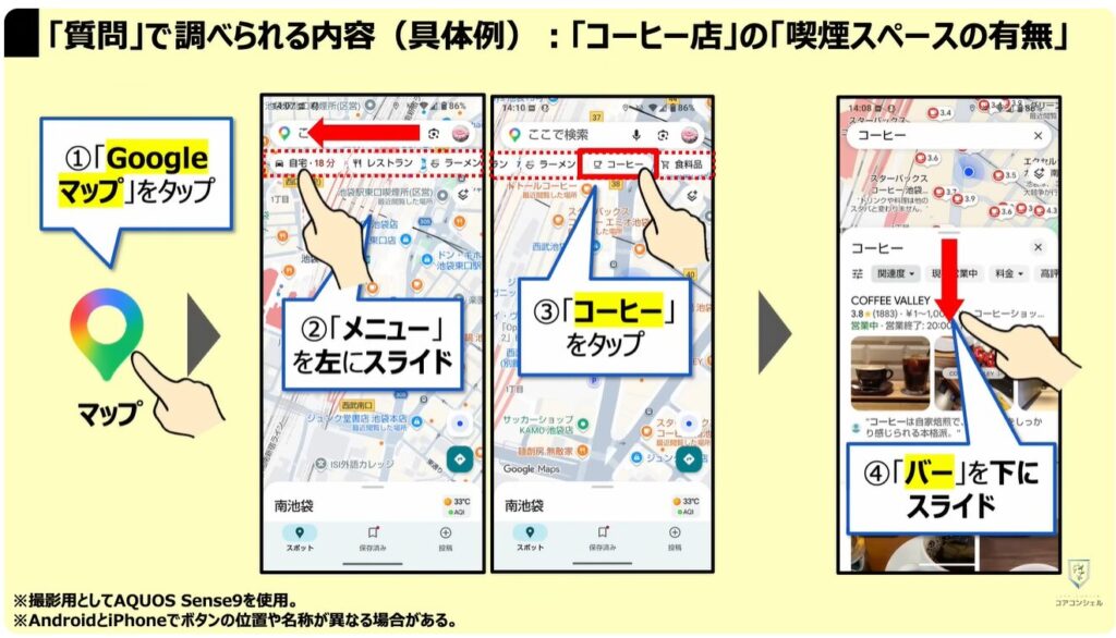 Googleマップの質問機能:「質問」で調べられる内容(具体例):「コーヒー店」の「喫煙スペースの有無」