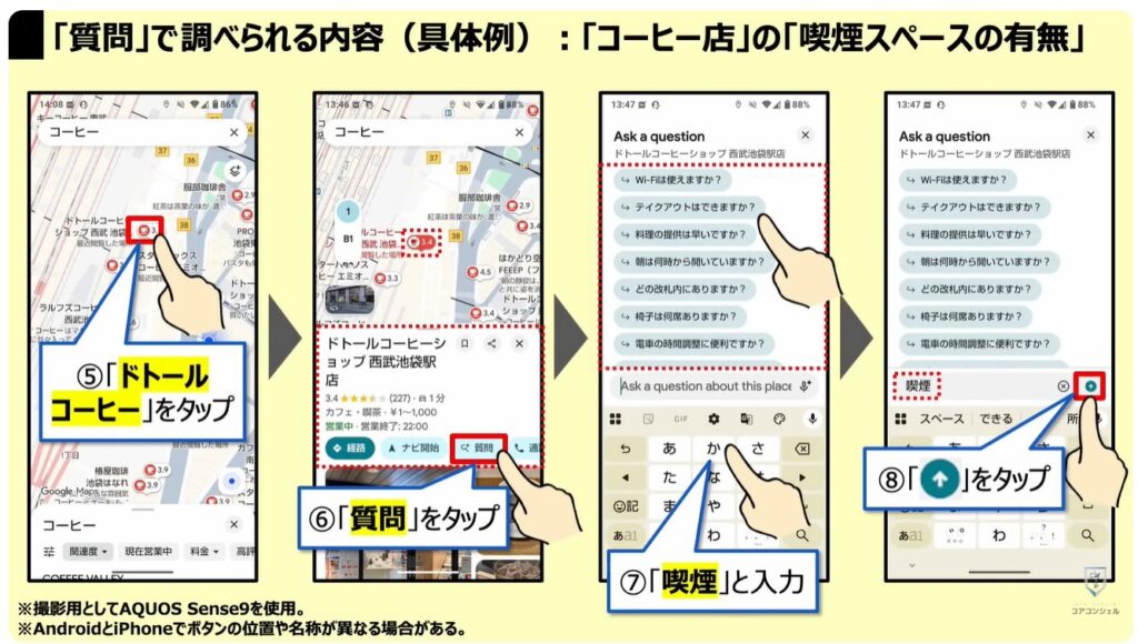 Googleマップの質問機能:「質問」で調べられる内容(具体例):「コーヒー店」の「喫煙スペースの有無」