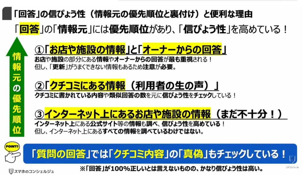 Googleマップの質問機能:「回答」の信ぴょう性(情報元の優先順位と裏付け)と便利な理由