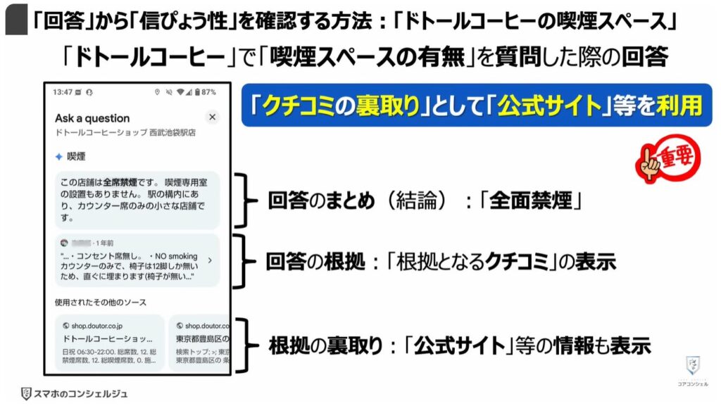 Googleマップの質問機能:「回答」から「信ぴょう性」を確認する方法:「ドトールコーヒーの喫煙スペース」