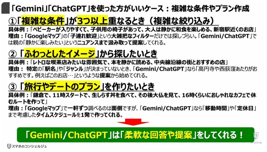 Googleマップの質問機能:「Gemini」「ChatGPT」を使った方がいいケース:複雑な条件やプラン作成
