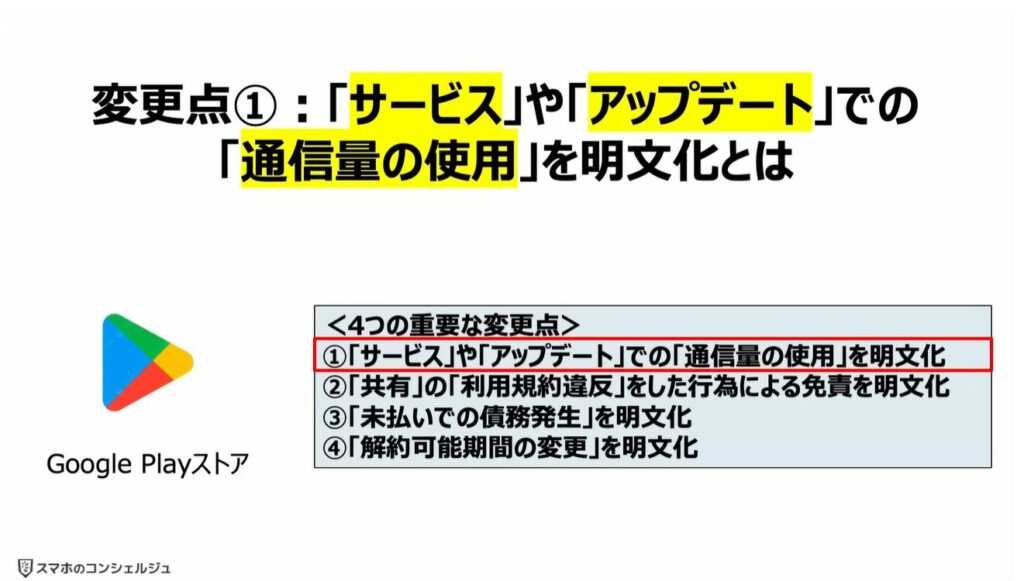 「Google Playストア」の規約変更：変更点①：「サービス」や「アップデート」での「通信量の使用」を明文化とは