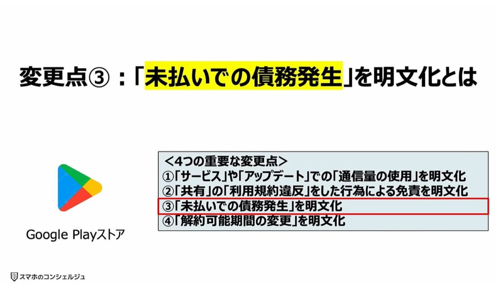 「Google Playストア」の規約変更：変更点③：「未払いでの債務発生」を明文化とは