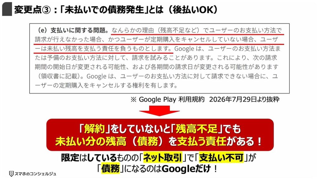 「Google Playストア」の規約変更：変更点③：「未払いでの債務発生」とは（後払いOK）