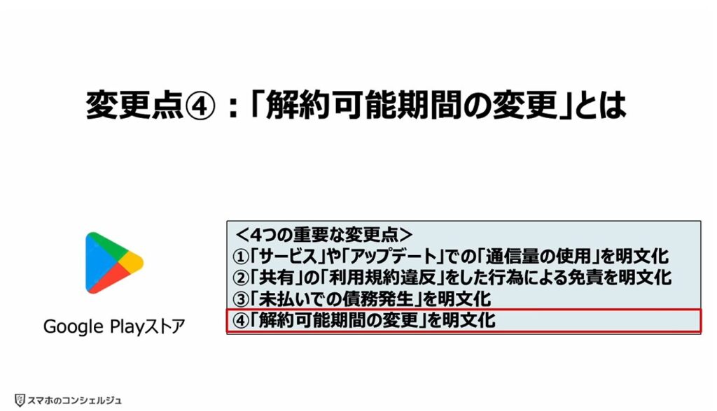 「Google Playストア」の規約変更：変更点④：「解約可能期間の変更」とは