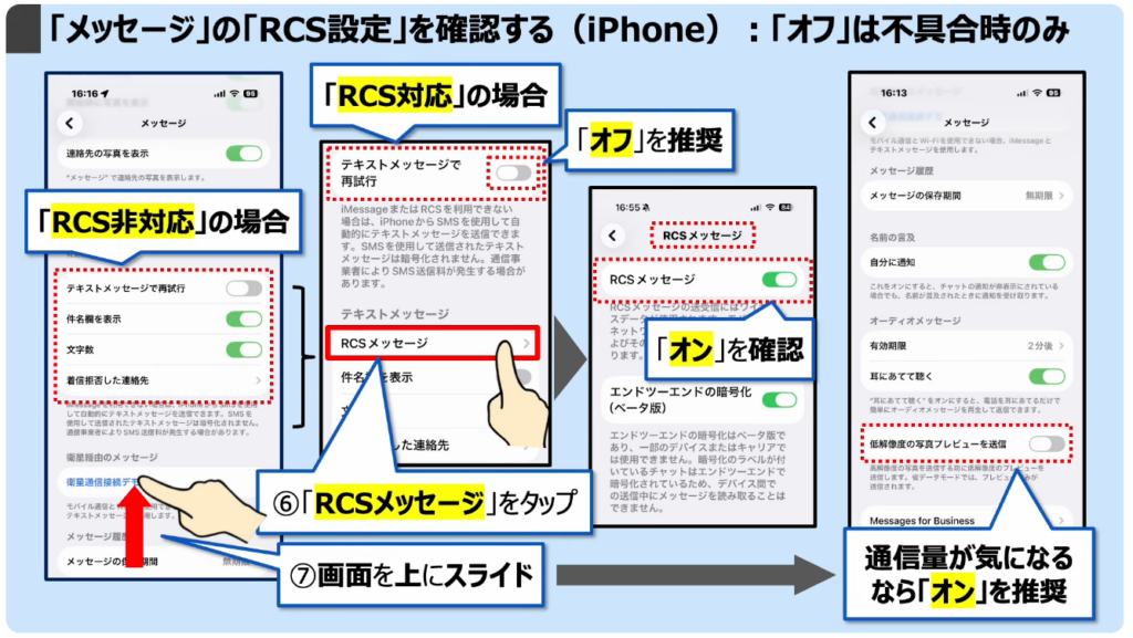 「携帯キャリアのRCS」は拒否すべき？：「メッセージ」の「RCS設定」を確認する（iPhone）：「オフ」は不具合時のみ
