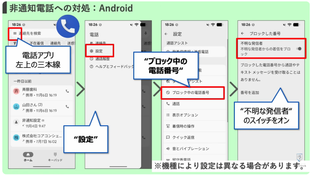 スマホの安全・快適設定：非通知からの着信をブロック