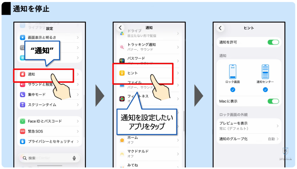 スマホの安全・快適設定（iPhone）：通知を止める