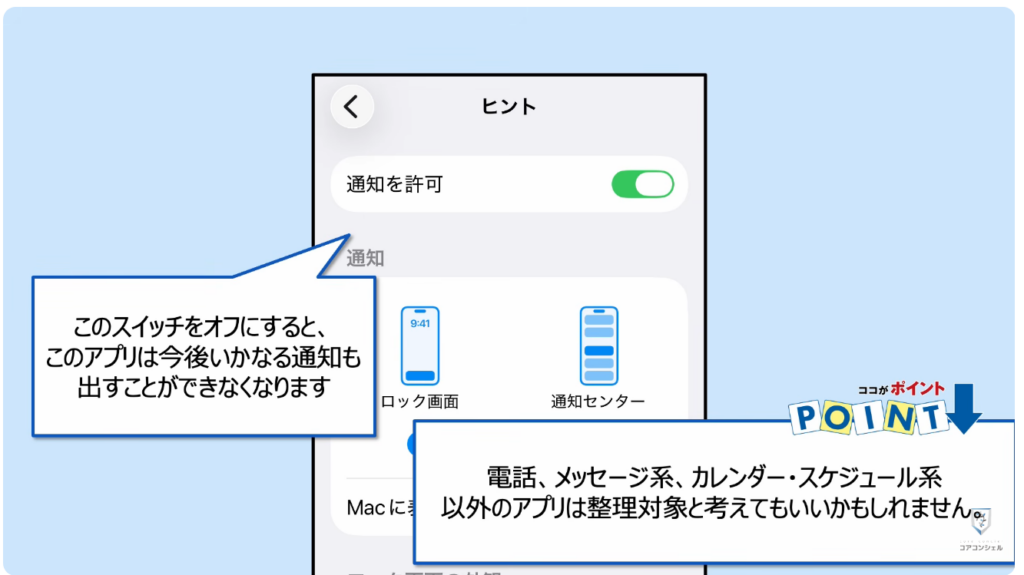 スマホの安全・快適設定（iPhone）：通知を止める