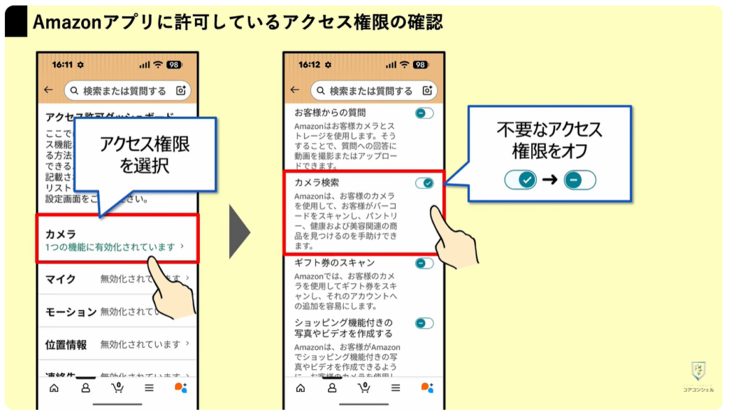 Amazonの今すぐ見直すべき設定：Amazonアプリに許可しているアクセス権限の確認