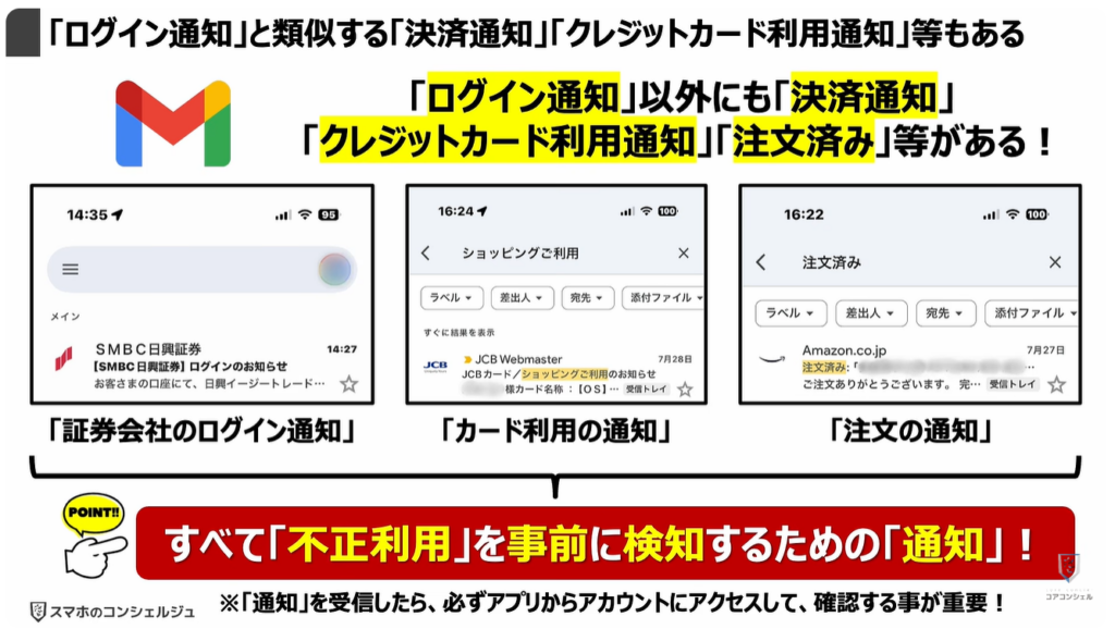個人向け10大脅威と対処方法：「ログイン通知」と類似する「決済通知」「クレジットカード利用通知」等もある