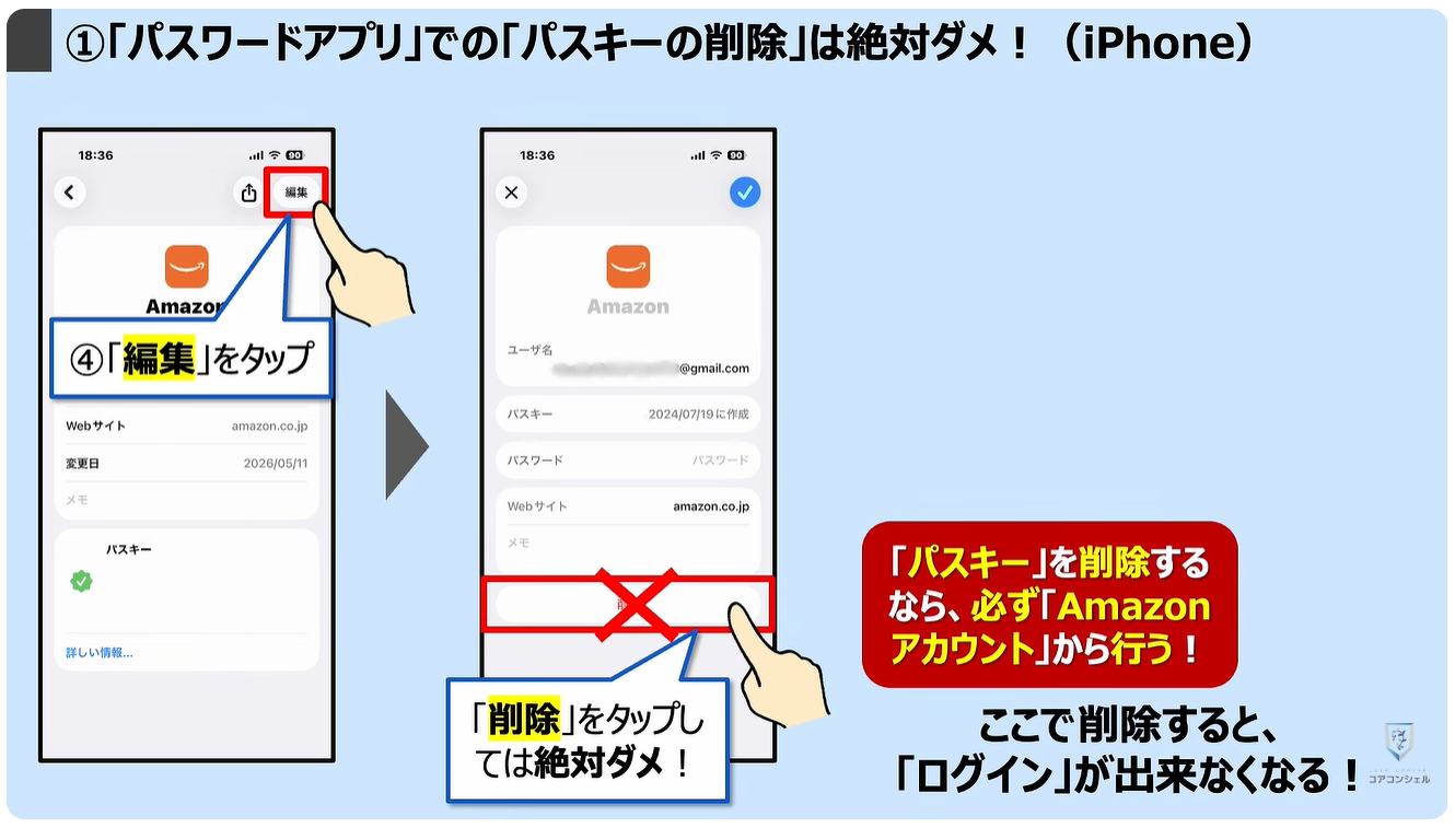 パスキーのやってはいけない4つの事：①「パスワードアプリ」での「パスキーの削除」は絶対ダメ！（iPhone）