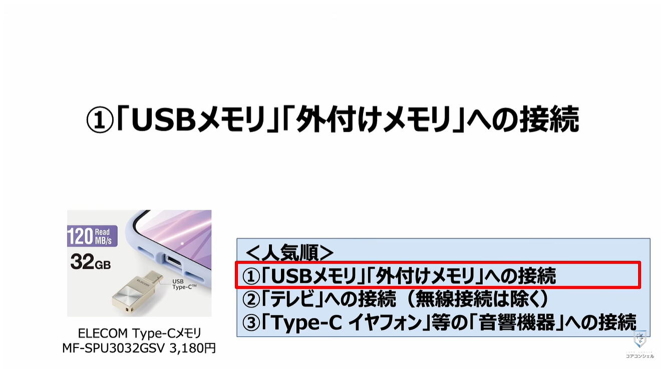スマホの充電口の使い方：①「USBメモリ」「外付けメモリ」への接続