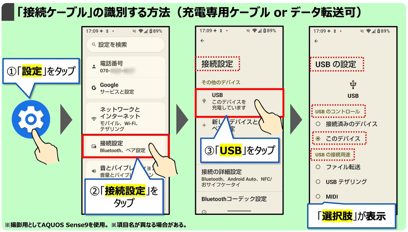 スマホの充電口の使い方：「接続ケーブル」の識別する方法（充電専用ケーブル or データ転送可）