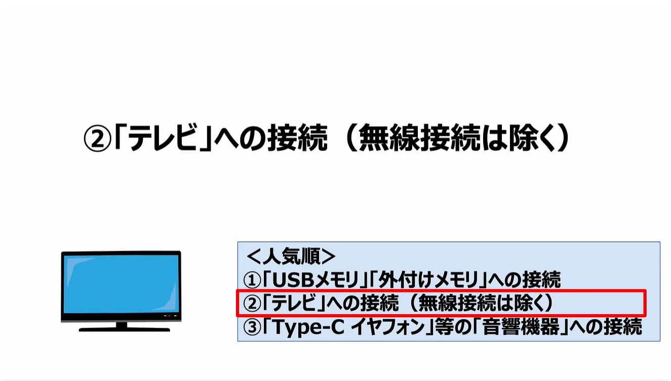 スマホの充電口の使い方：②「テレビ」への接続（無線接続は除く）