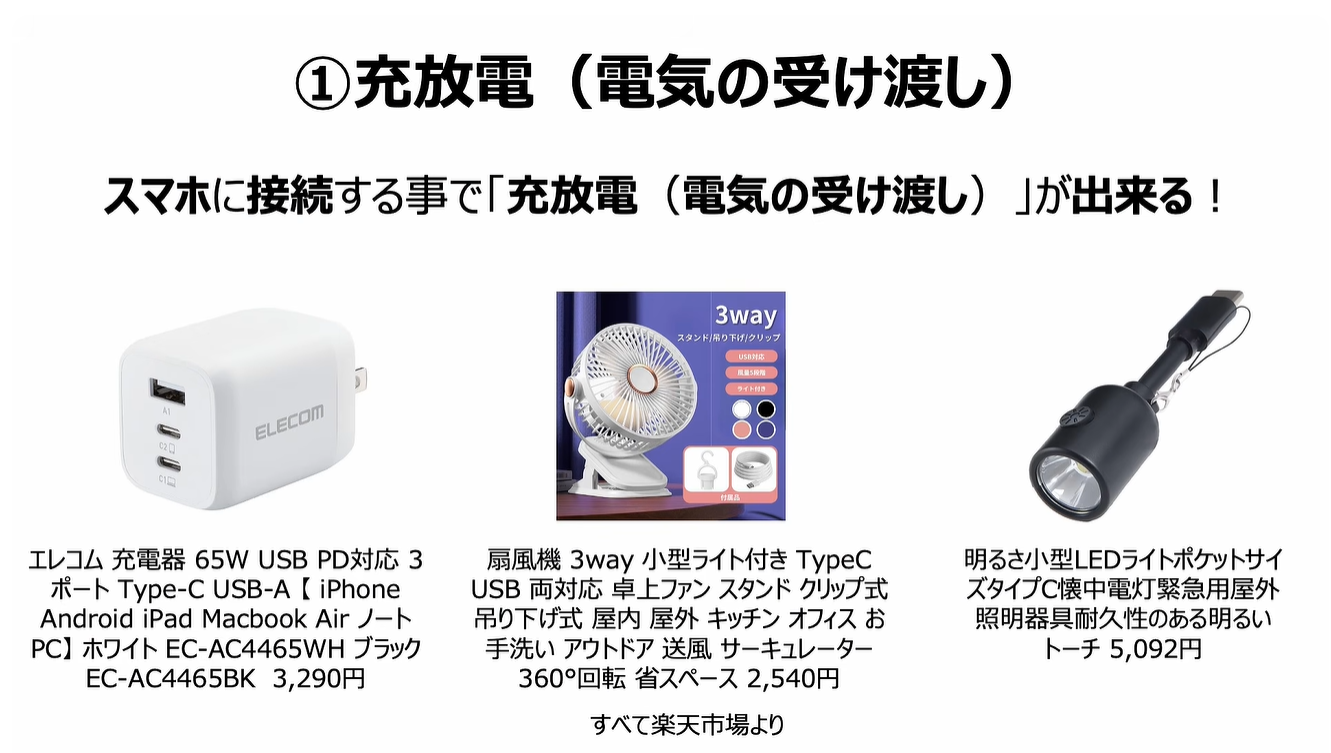 スマホの充電口の使い方：スマホに接続する事で「充放電（電気の受け渡し）」が出来る！