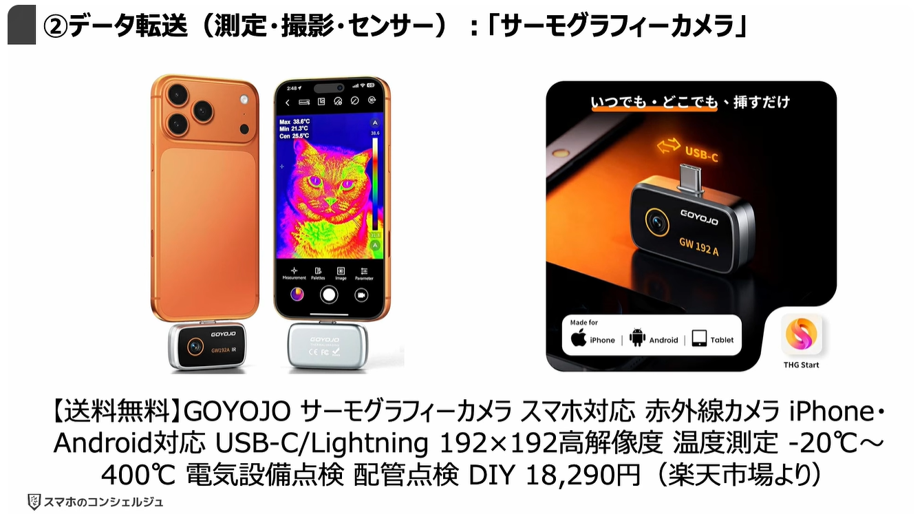 スマホの充電口の使い方：②データ転送（測定・撮影・センサー）：「サーモグラフィーカメラ」