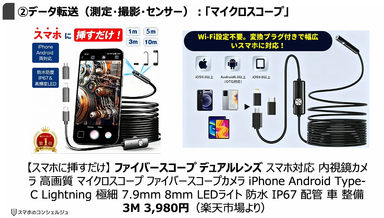 スマホの充電口の使い方：②データ転送（測定・撮影・センサー）：「マイクロスコープ」