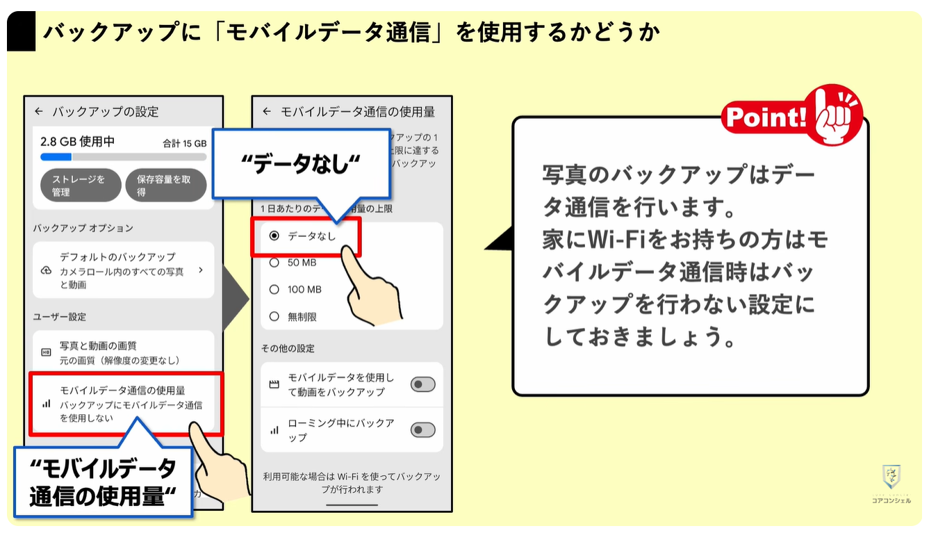 Googleフォトの最初にすべき設定：バックアップ時のデータ通信について