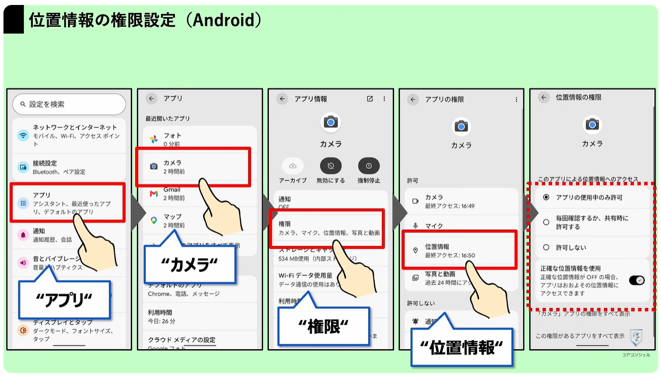 Googleフォトの最初にすべき設定：Androidでのカメラの位置情報設定