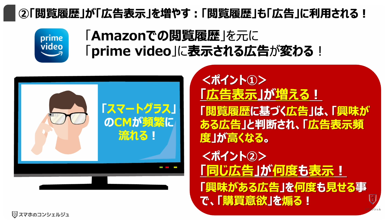 prime videoの広告がうざい！増えた！原因と対処方法：②「閲覧履歴」が「広告表示」を増やす：「閲覧履歴」も「広告」に利用される！